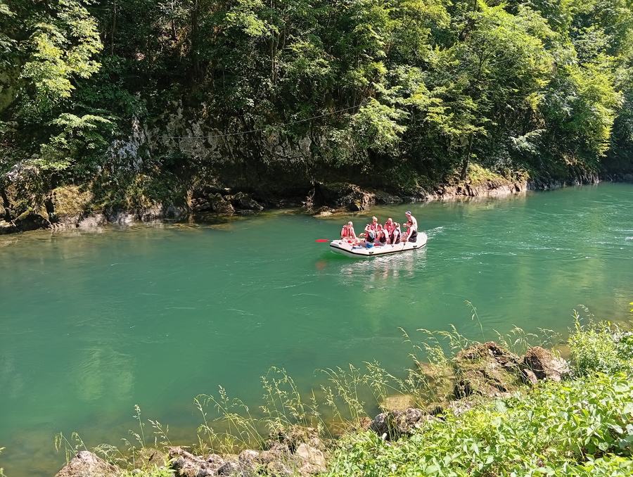 Rafting group on the emerald Vrbas river in the Tijesno canyon near Banja Luka