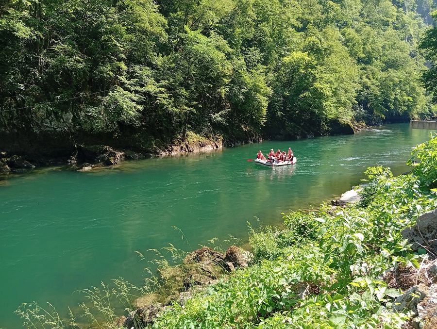 Vrbas river in the Tijesno canyon near Banja Luka — green water below the rapids