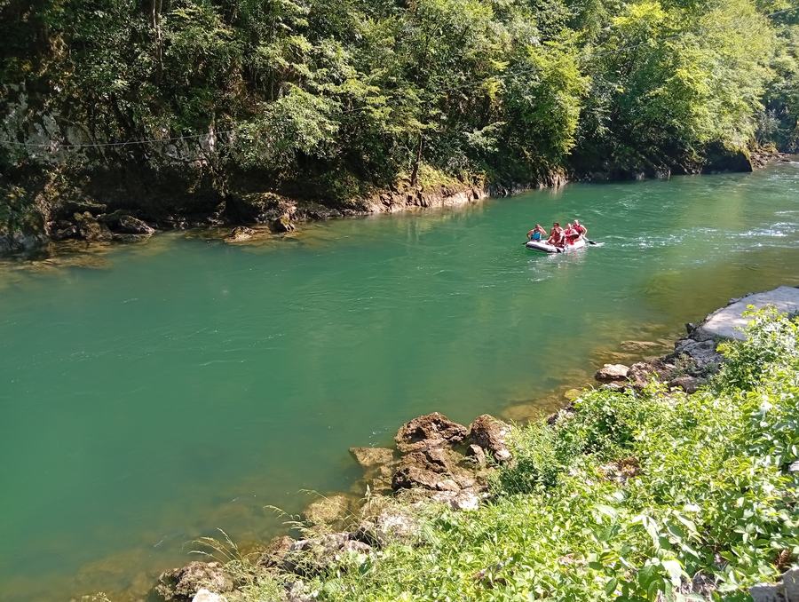 Two rafting boats running white water rapids on the Vrbas river in the Tijesno canyon