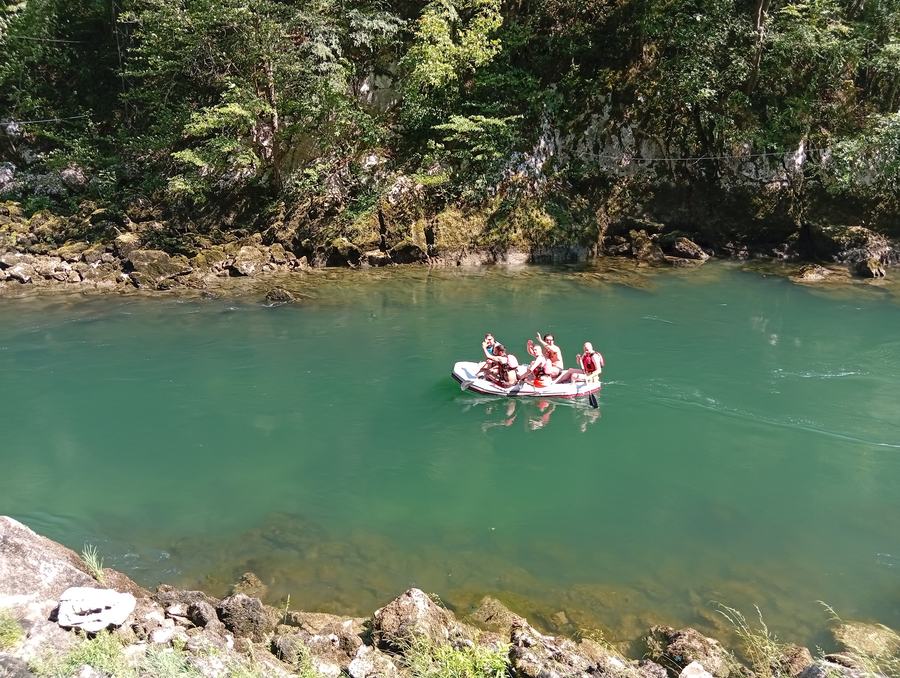 Rafting boat entering a white water rapid on the Vrbas river near Banja Luka