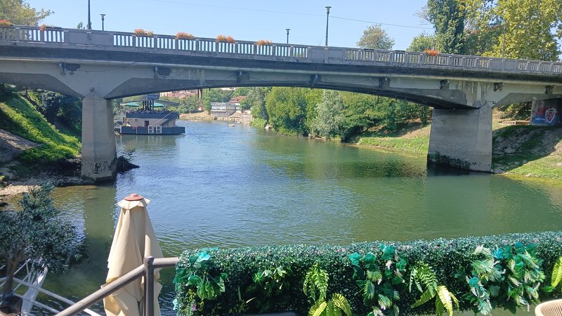 View of the Vrbas and city bridge from Banjalučki Splav, Banja Luka